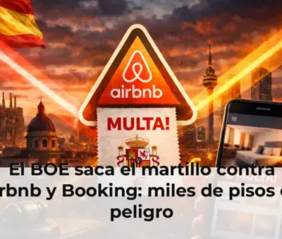 Martillo sobre ordenador con fondos de edificios